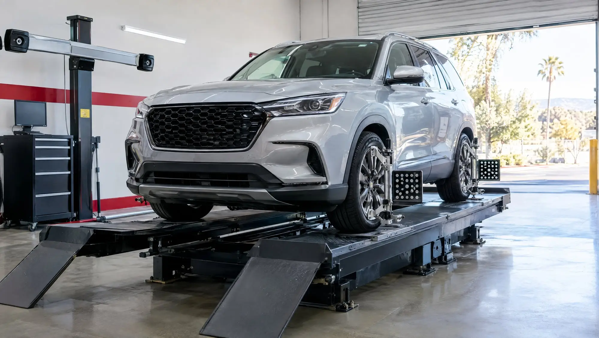 SUV on an alignment rack with wheel targets clamped to each wheel