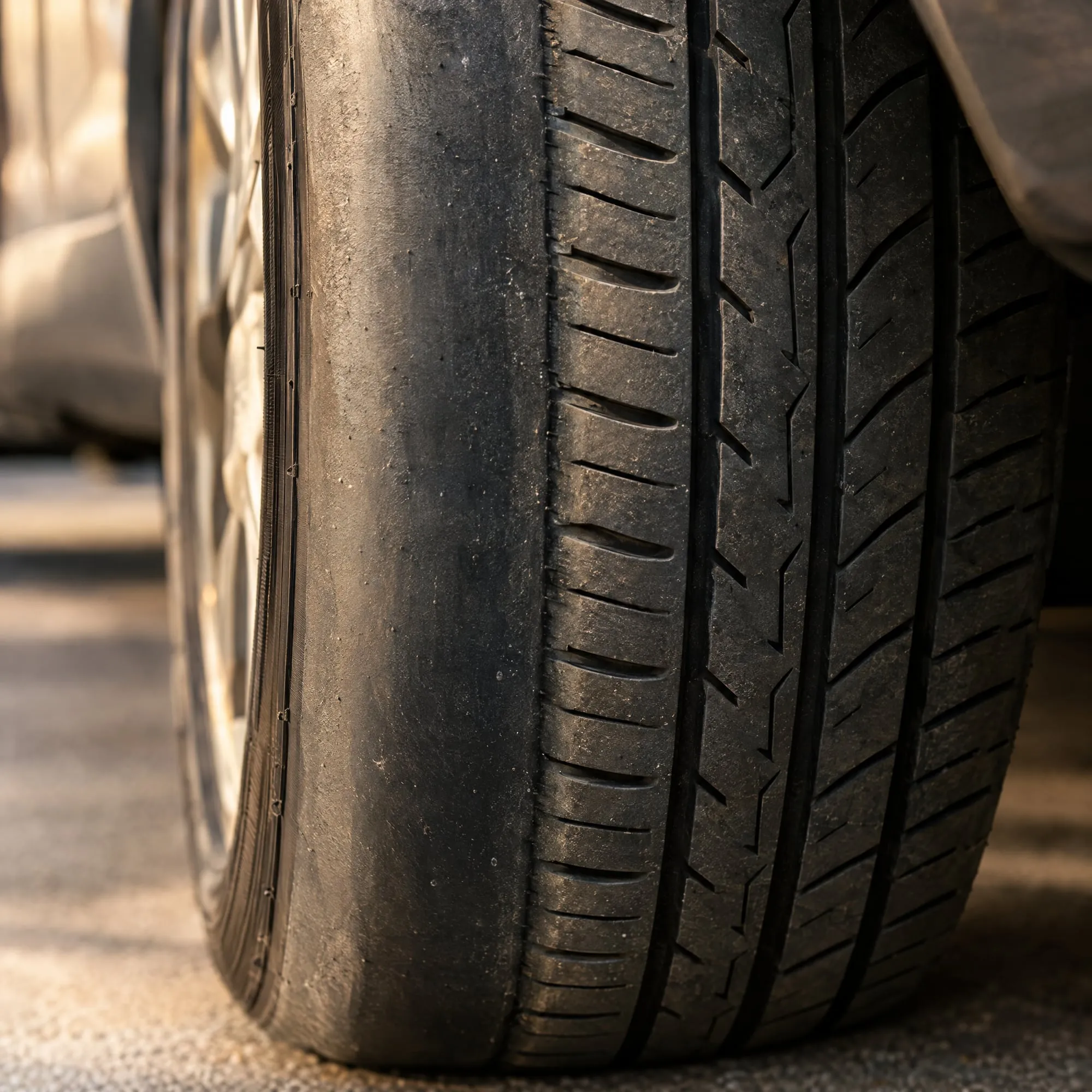 Tire with the inner edge worn down from bad alignment