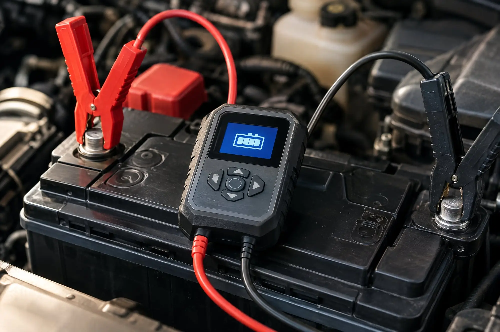 Battery tester clamped to the terminals of a car battery