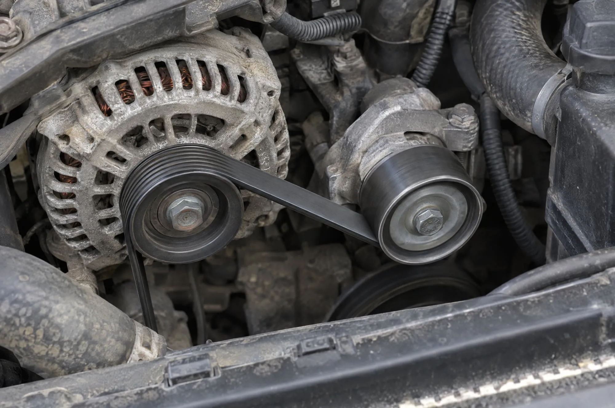 Serpentine belt running around the alternator and tensioner pulleys
