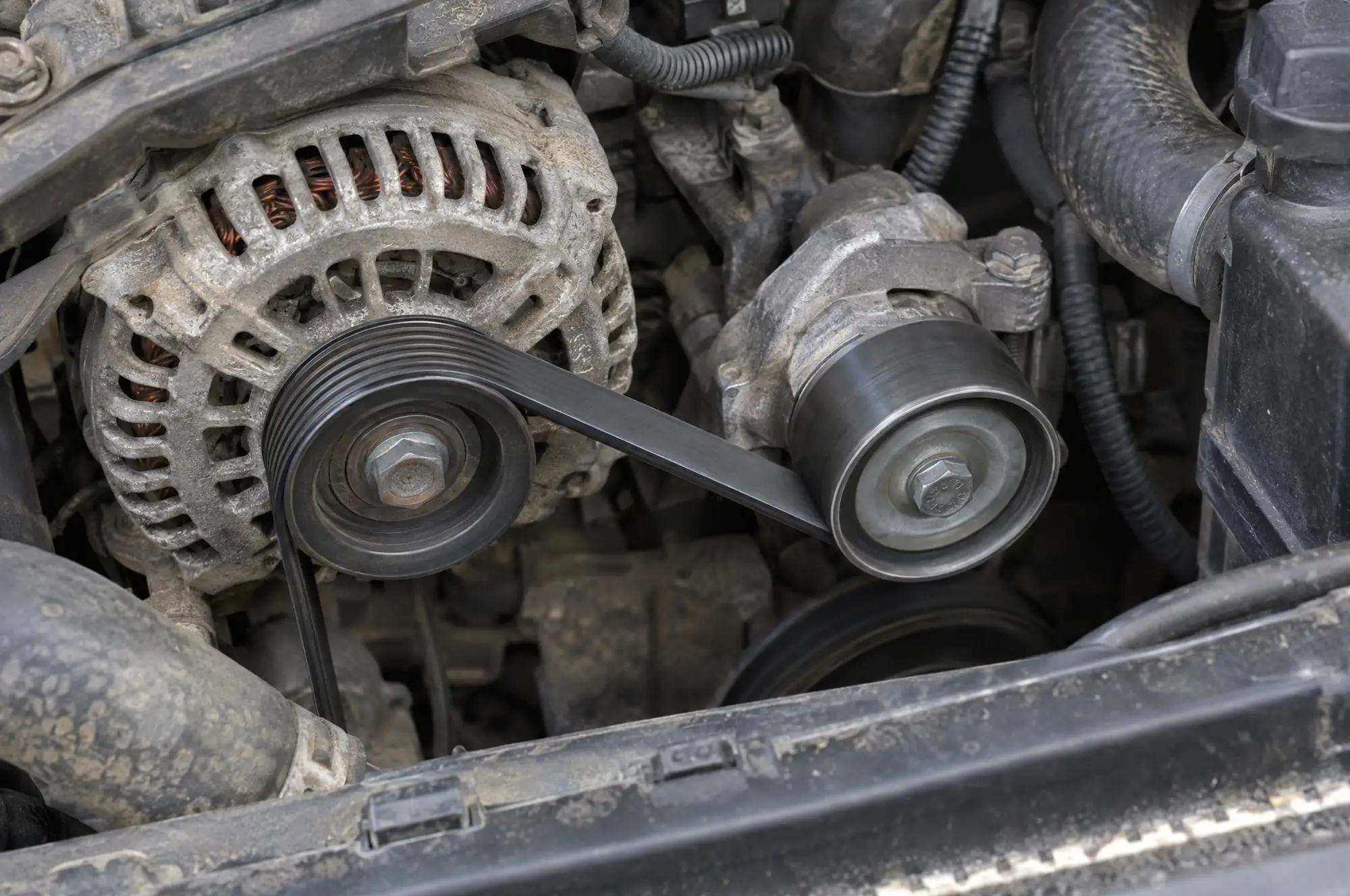 Serpentine belt running around the alternator and tensioner pulleys
