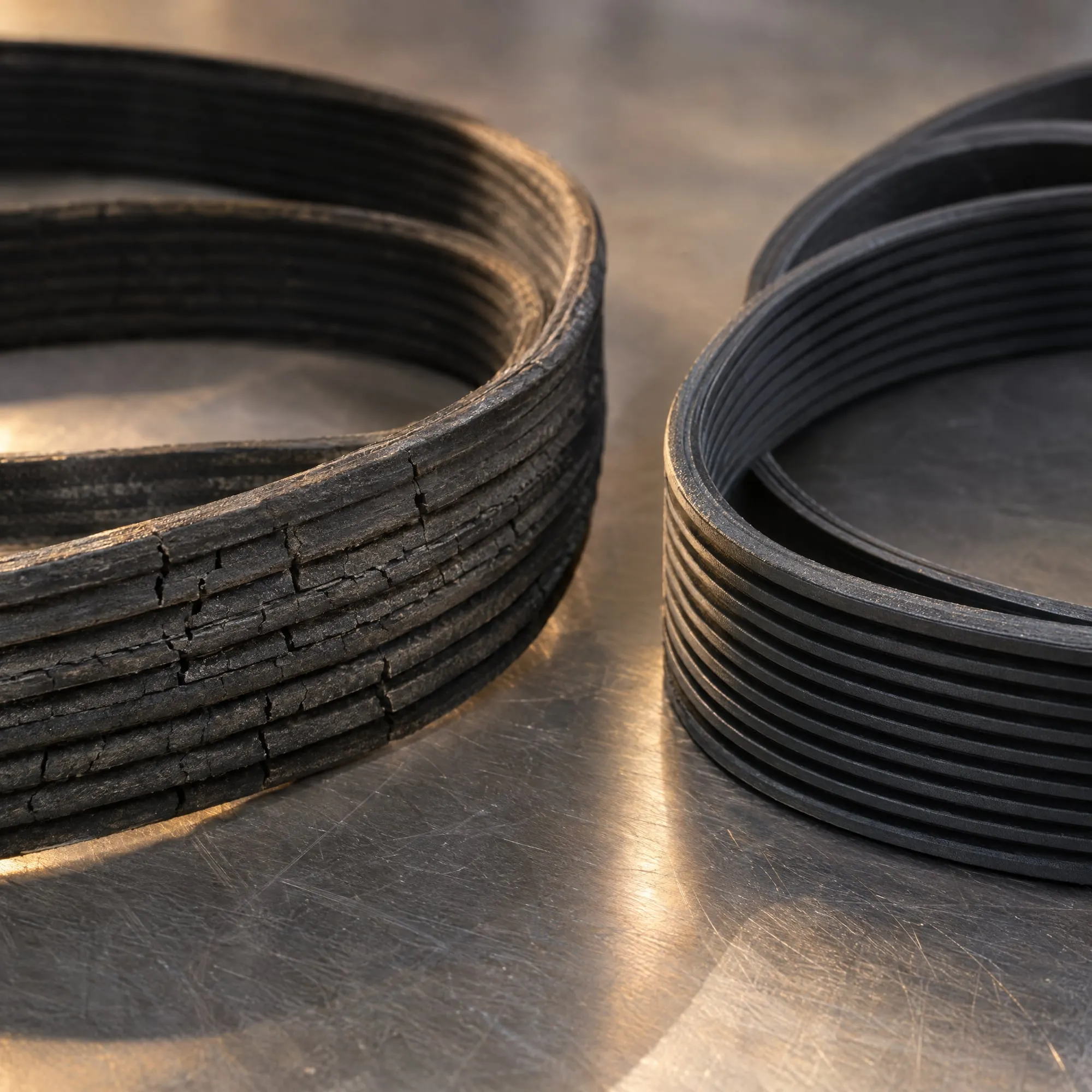 Cracked old serpentine belt next to a new belt