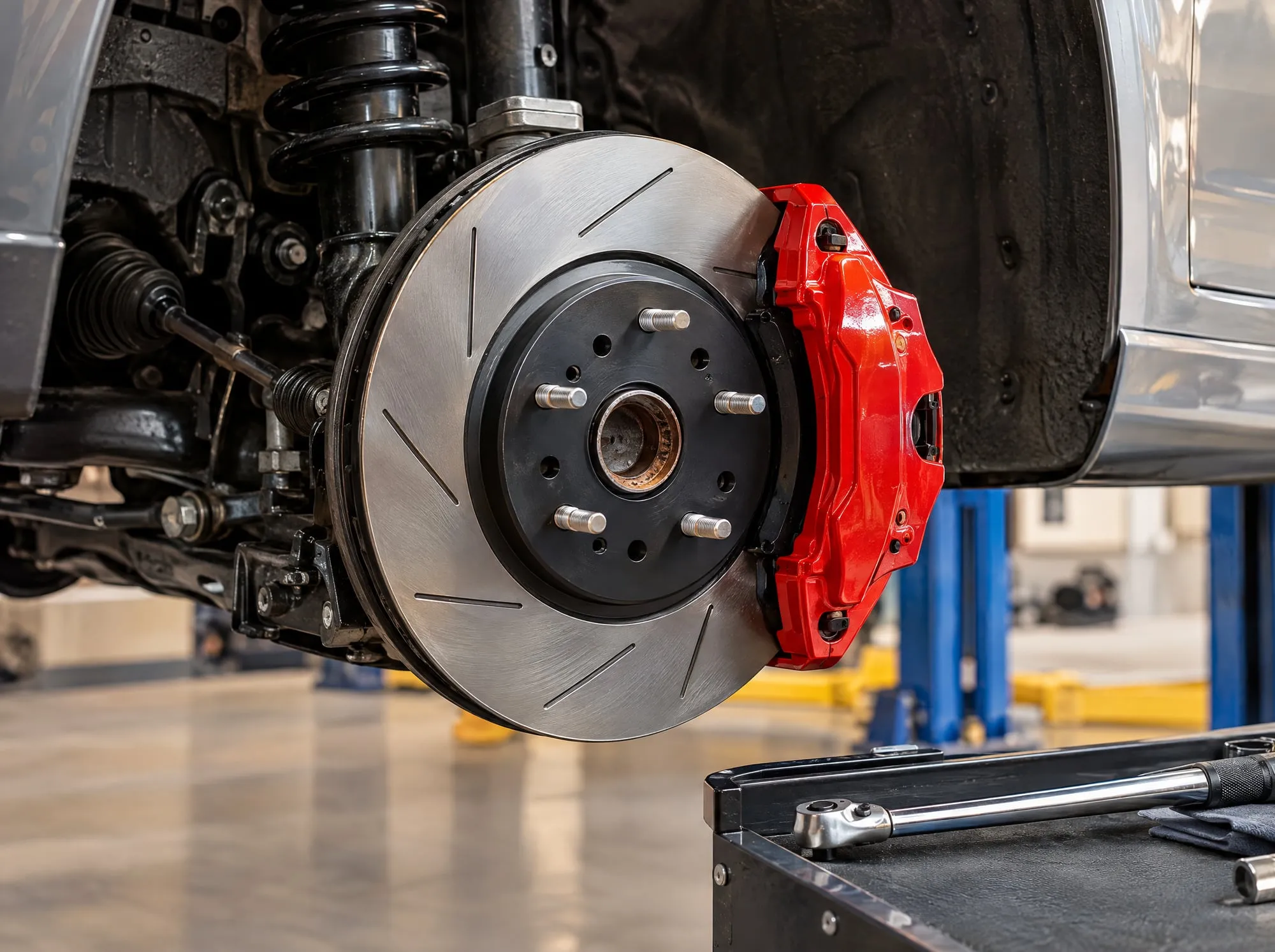 Brake rotor and red caliper on a lifted SUV with the wheel removed