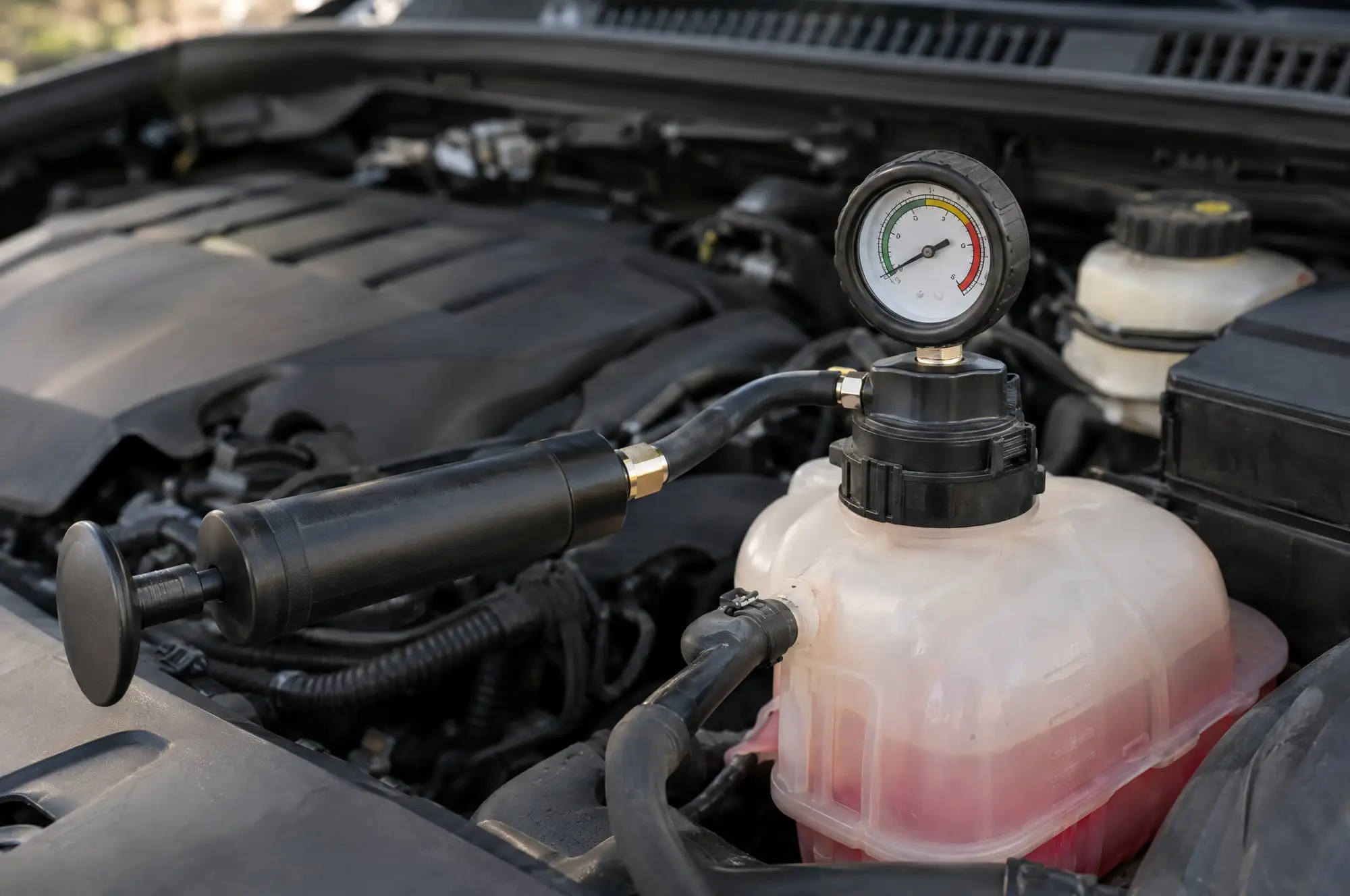 Cooling system pressure tester attached to a coolant reservoir