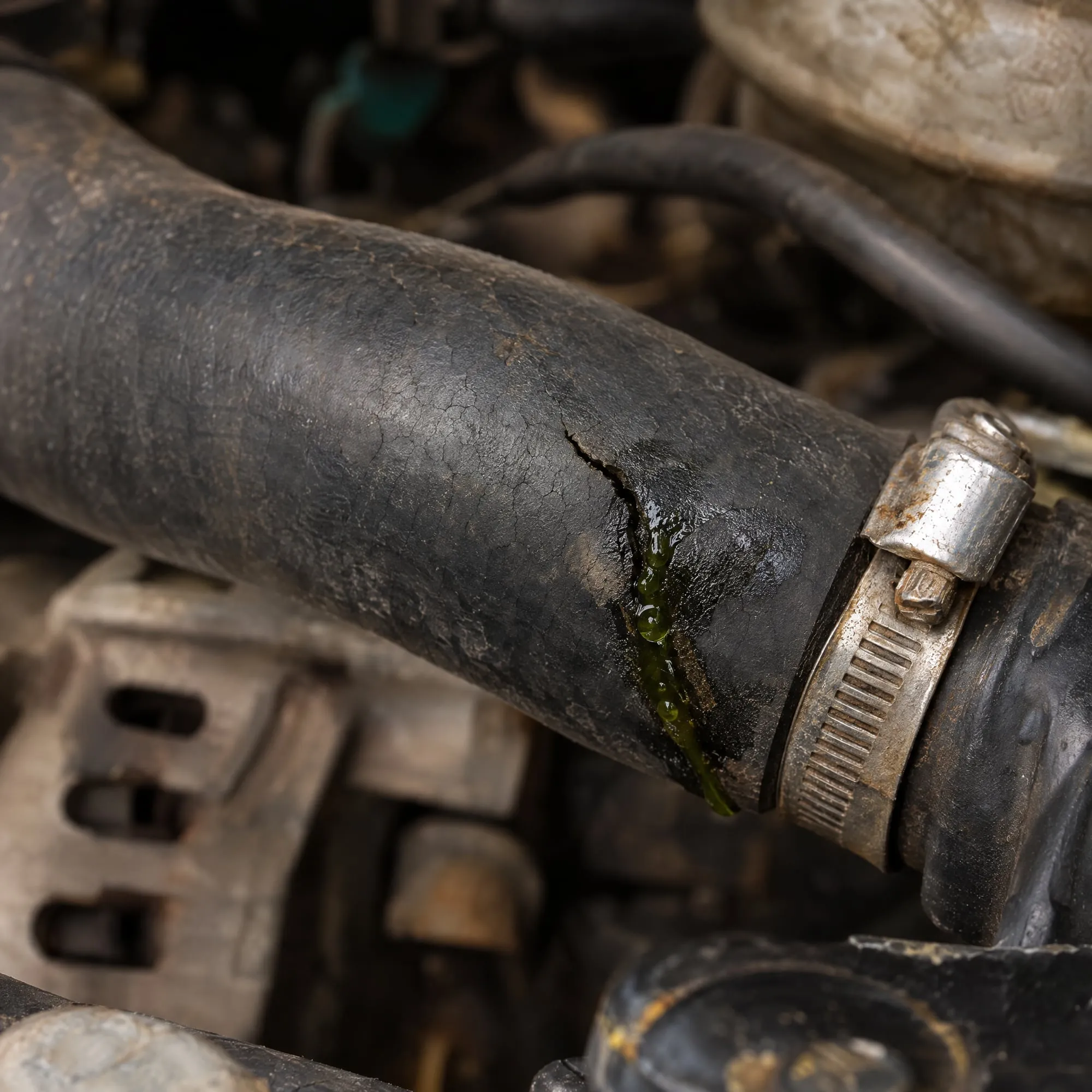 Cracked radiator hose leaking coolant near the hose clamp