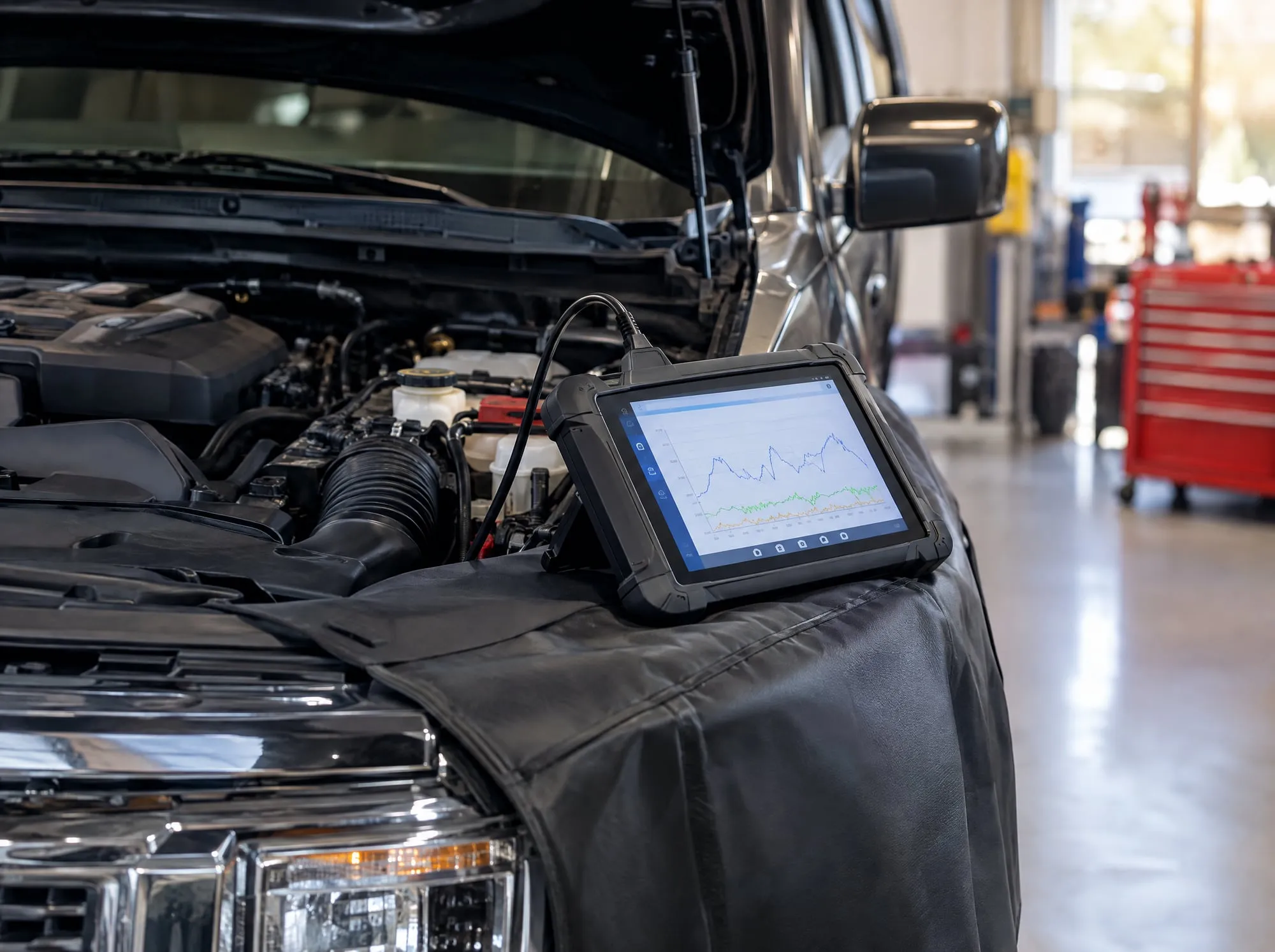 Diagnostic tablet showing live engine data, resting on a fender cover beside an open hood