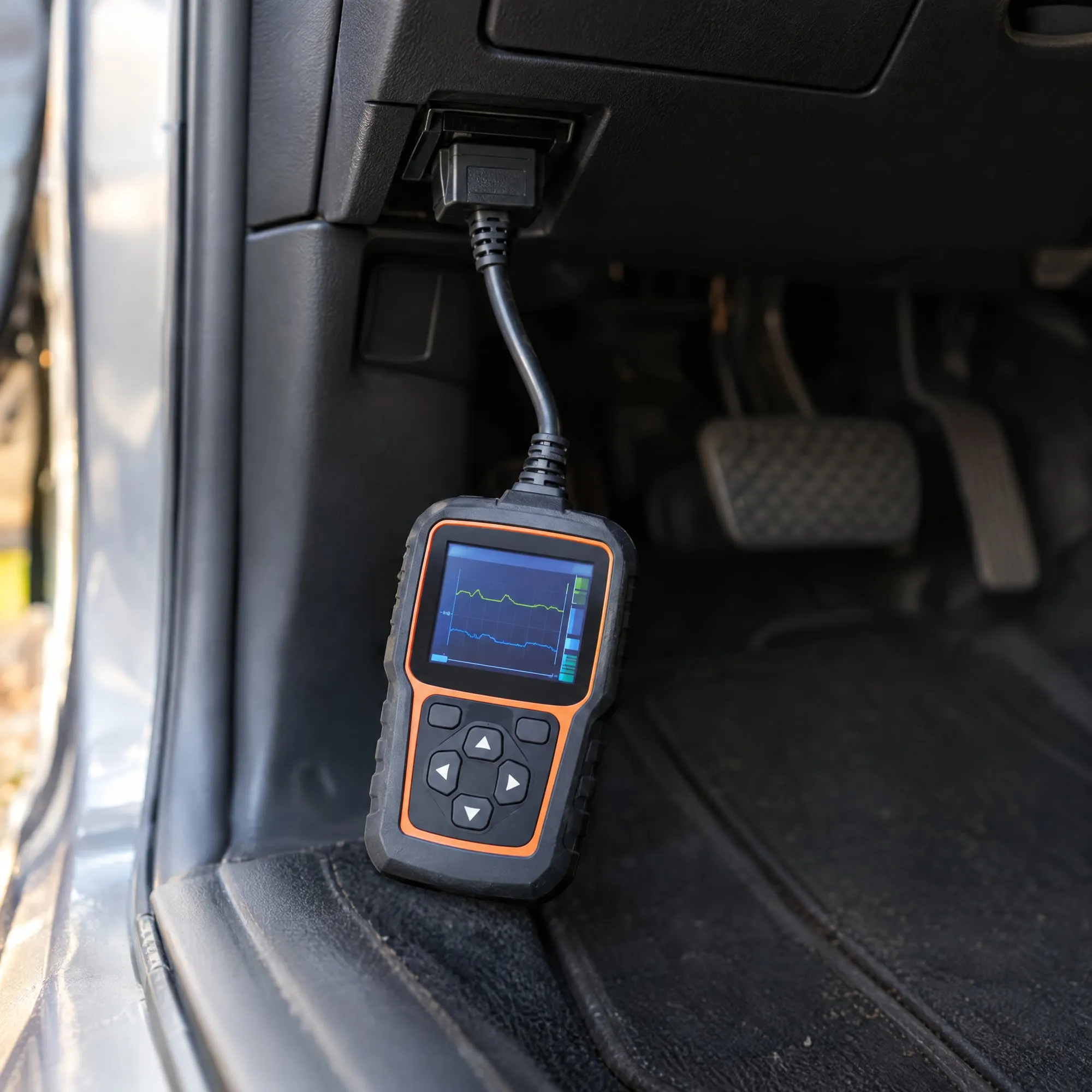 OBD-II scanner plugged into the diagnostic port under a dashboard