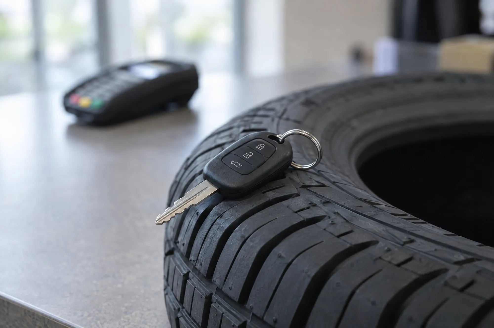 Car key resting on the tread of a new tire at the shop counter, card terminal behind