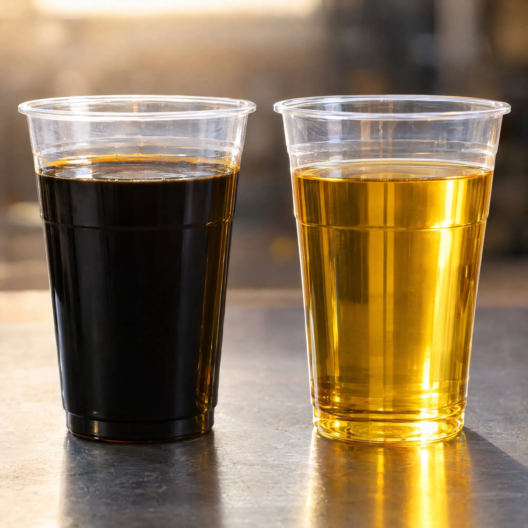 Cup of dark used engine oil next to a cup of clean amber oil