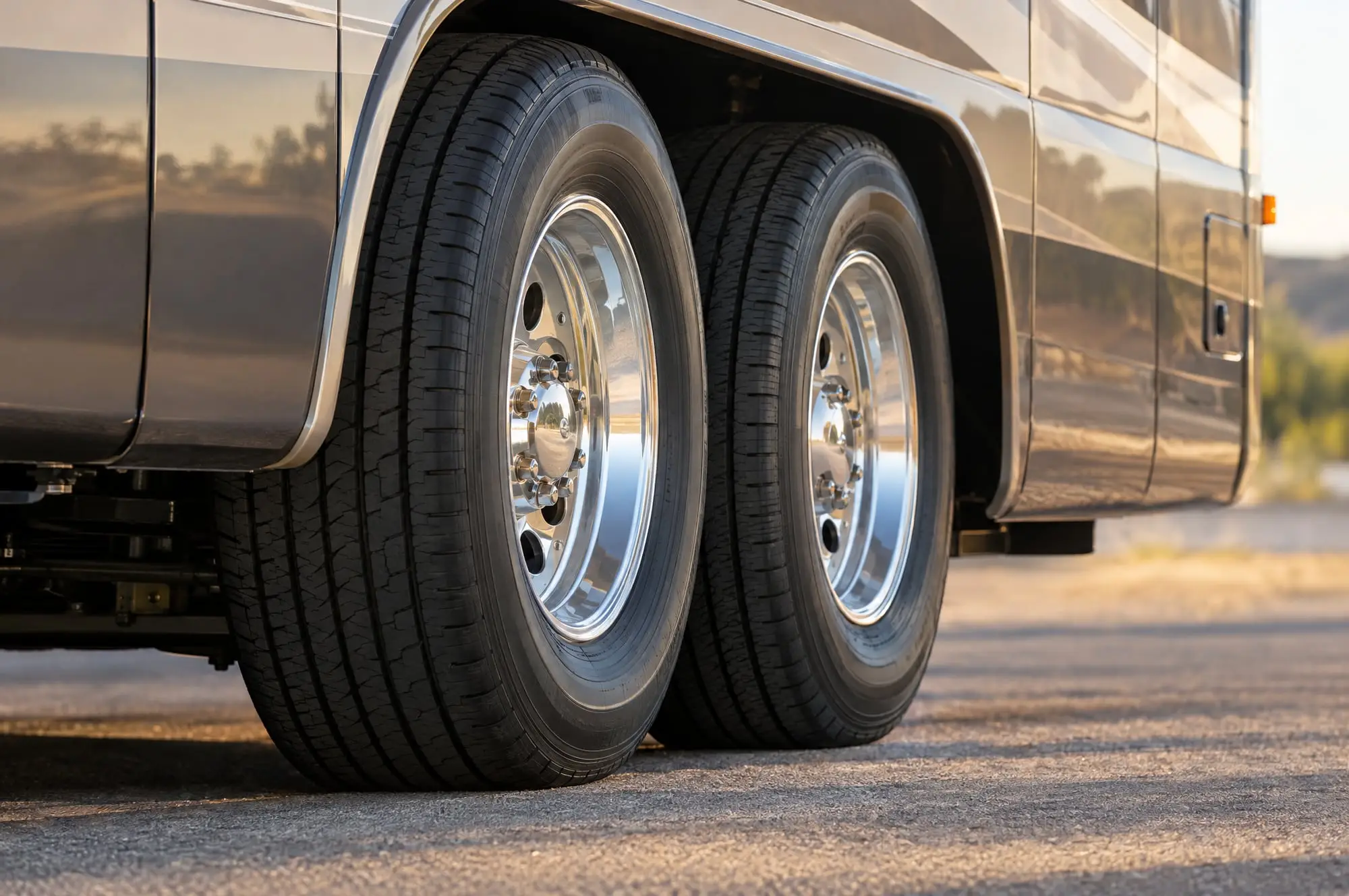 Dual rear wheels and tires on a motorhome