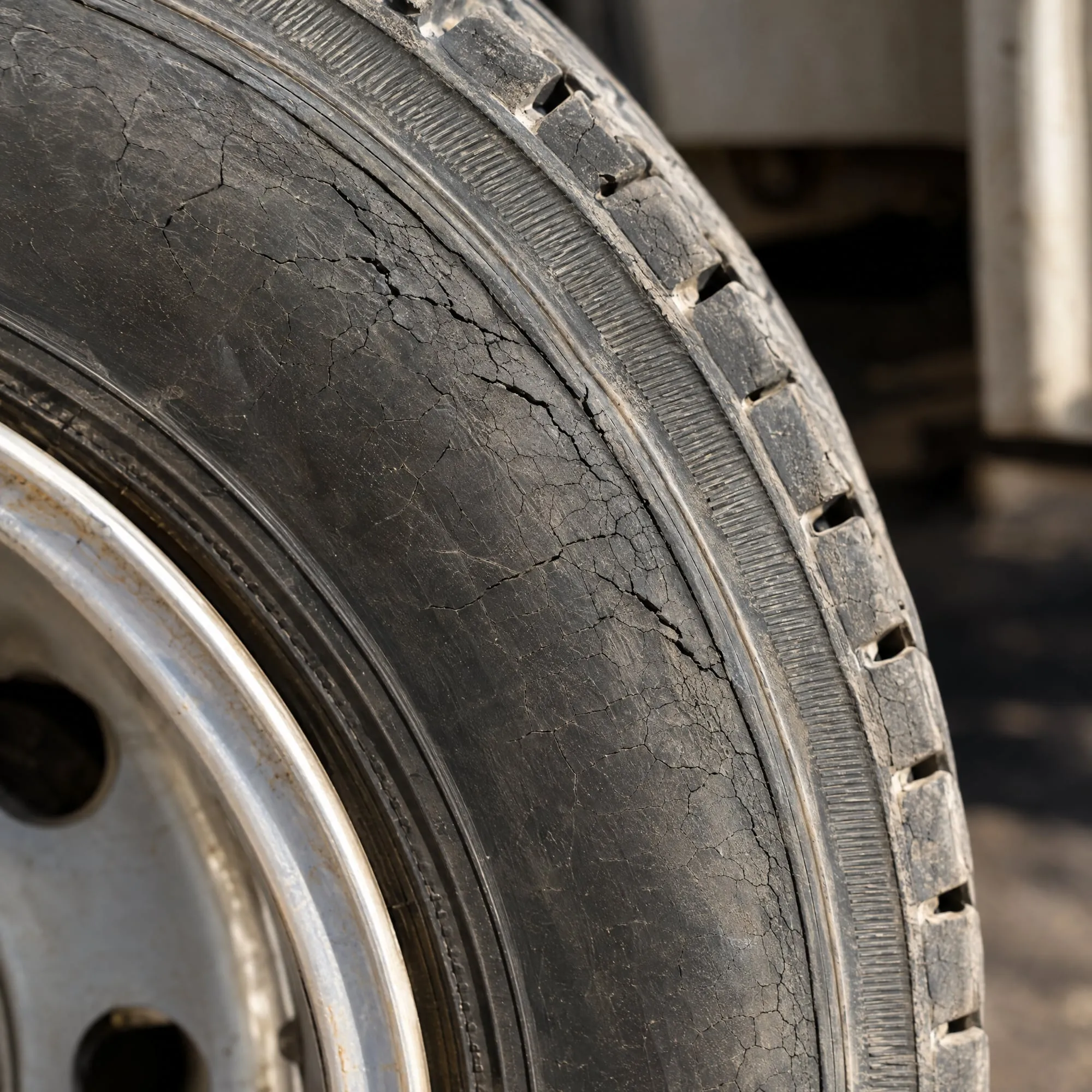 Sun-cracked, dry-rotted sidewall on an RV tire