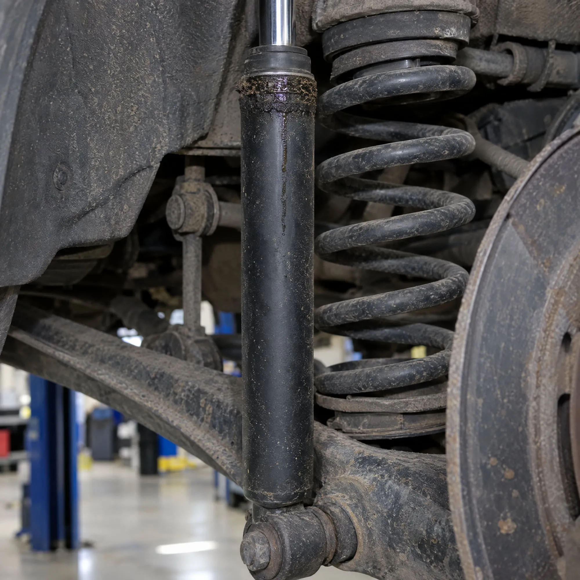 Leaking shock absorber with an oily film on the body