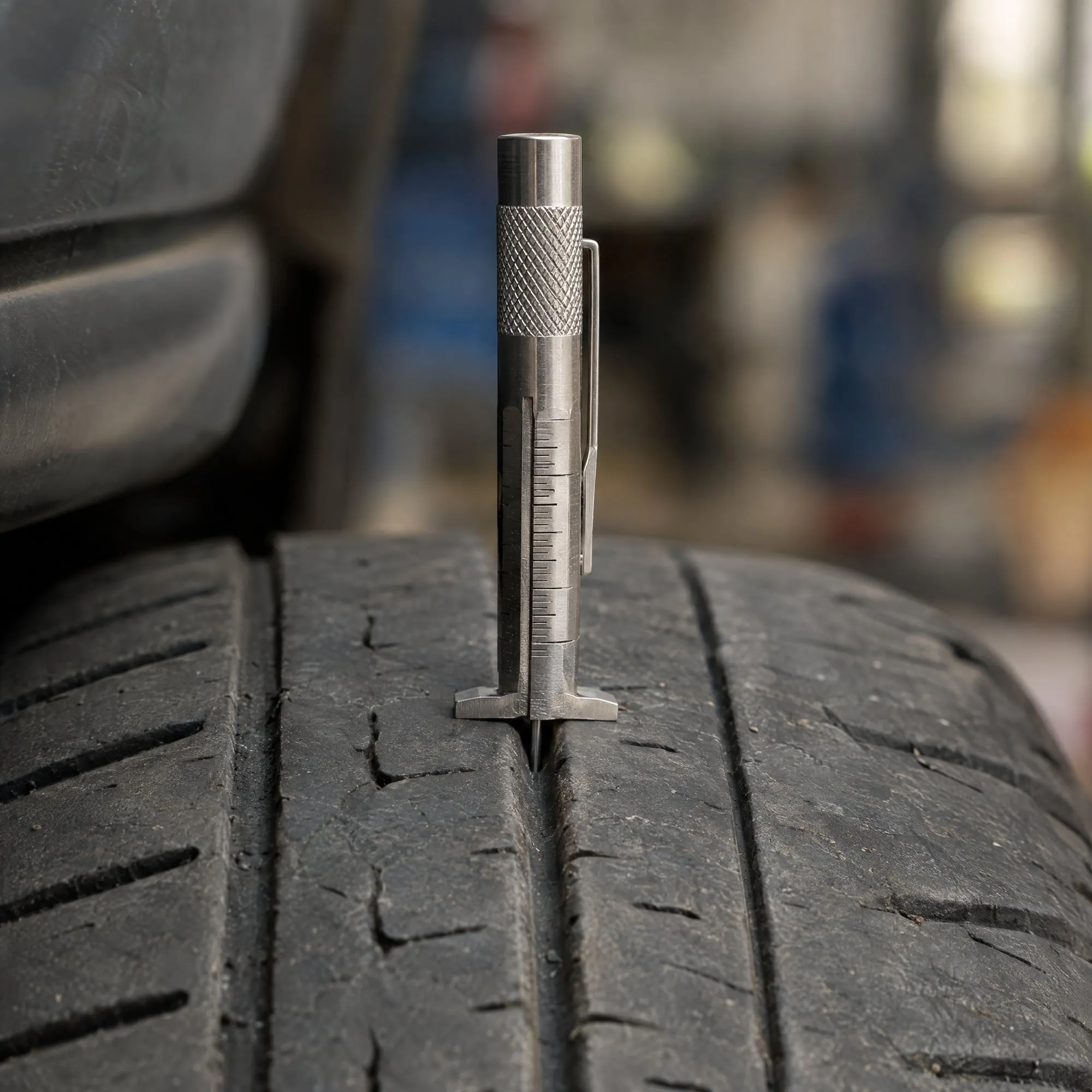 Tread depth gauge measuring the groove of a worn tire