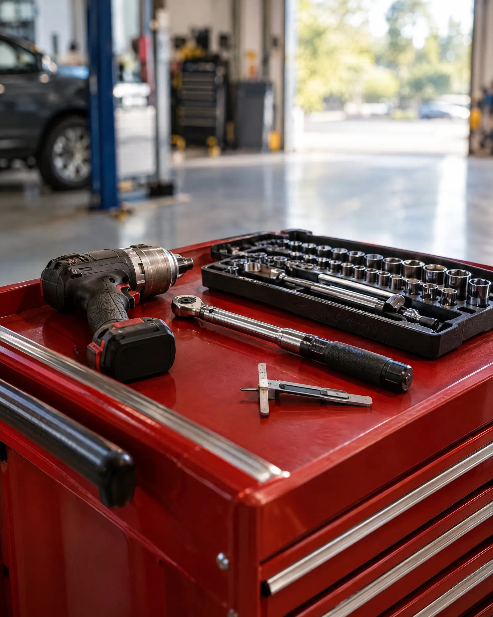 Socket set, ratchet and cordless drill laid out on a red tool chest in the shop