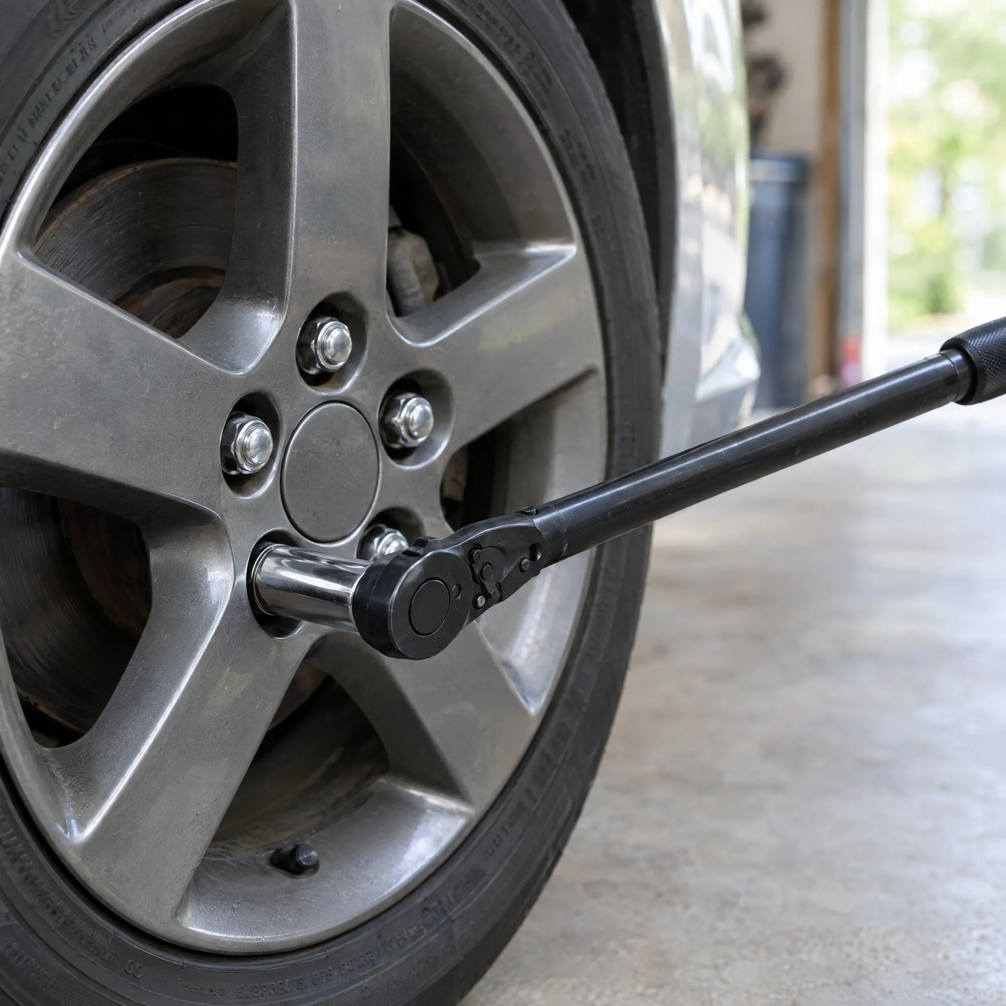 Torque wrench tightening a lug nut on a freshly mounted wheel