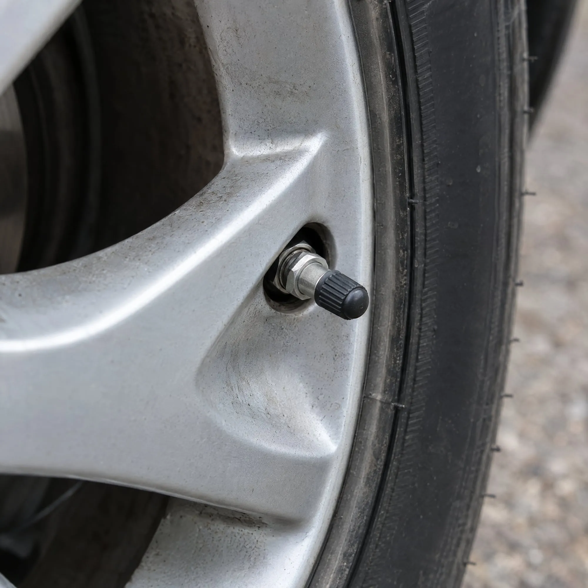 Valve stem and TPMS sensor on an alloy wheel