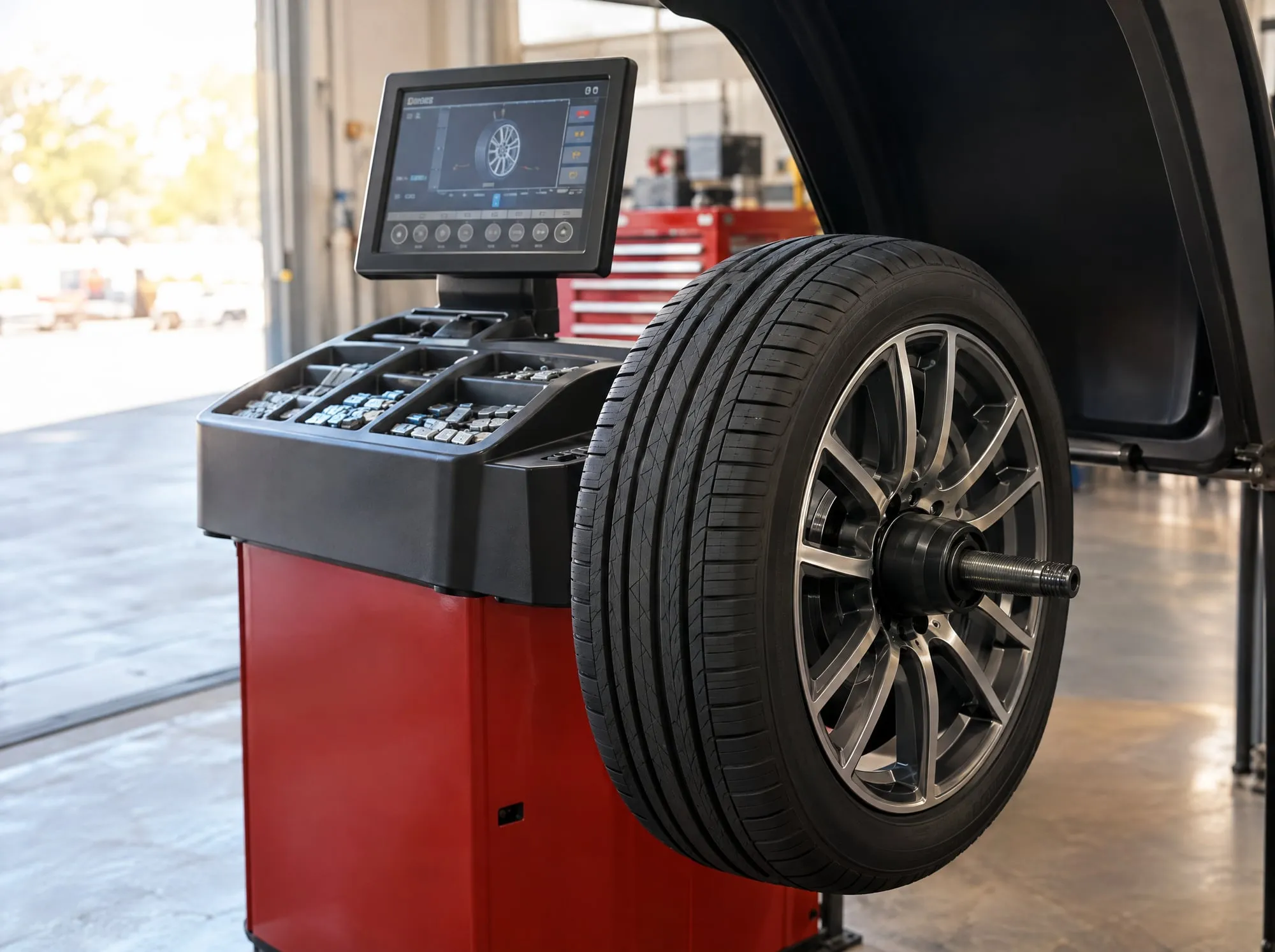 Tire and wheel mounted on a computer wheel balancer